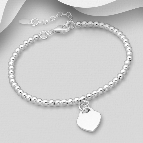 925 Sterling Silver Jewelry - NEW 925 Sterling Silver Ball Bracelet with Engravable Heart Charm  7"-8" Long